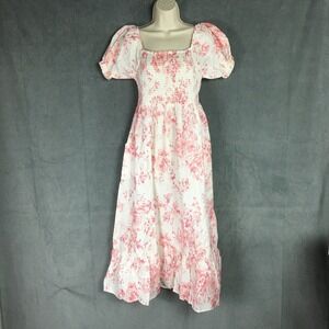 Capogee Floral Linen Smocked Midi Dress M NWT Pink Puff Sleeve Cottagecore